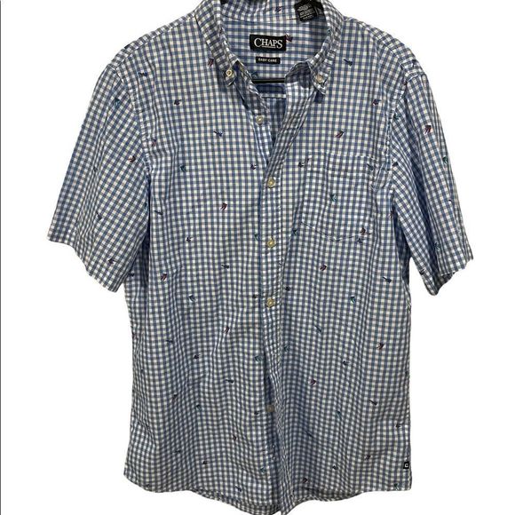 Chaps Men’s Blue and White Plaid Fishing Lure Print Short Sleeve Button Up - Picture 1 of 5